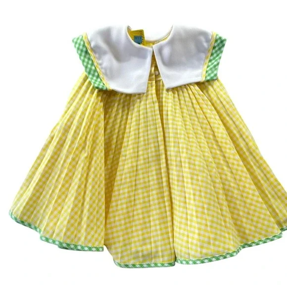 Youngsport Vintage Girls 3T Yellow Gingham Pleated Dress Oversized Bib Collar - Picture 7 of 9